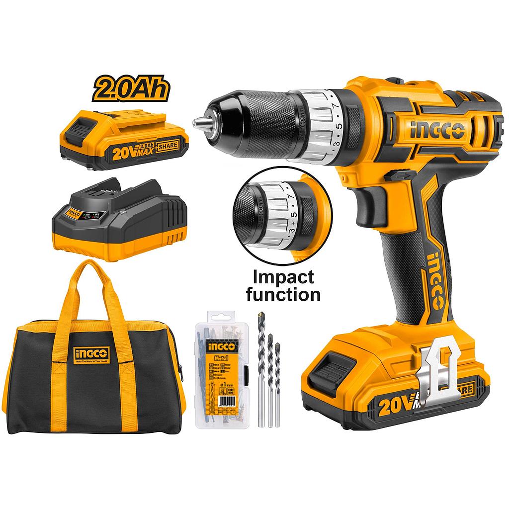 TALADRO INALÁMBRICO IMPACT 20V+2 BAT+CARGADOR+BROCAS